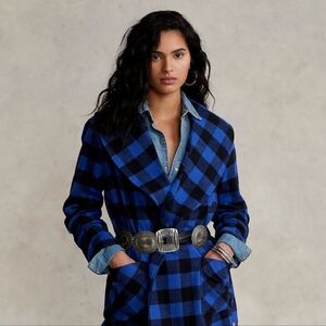 Polo Ralph Lauren Plaid Checked Fringe Edge Belted Shawl Collar Jacket coat
